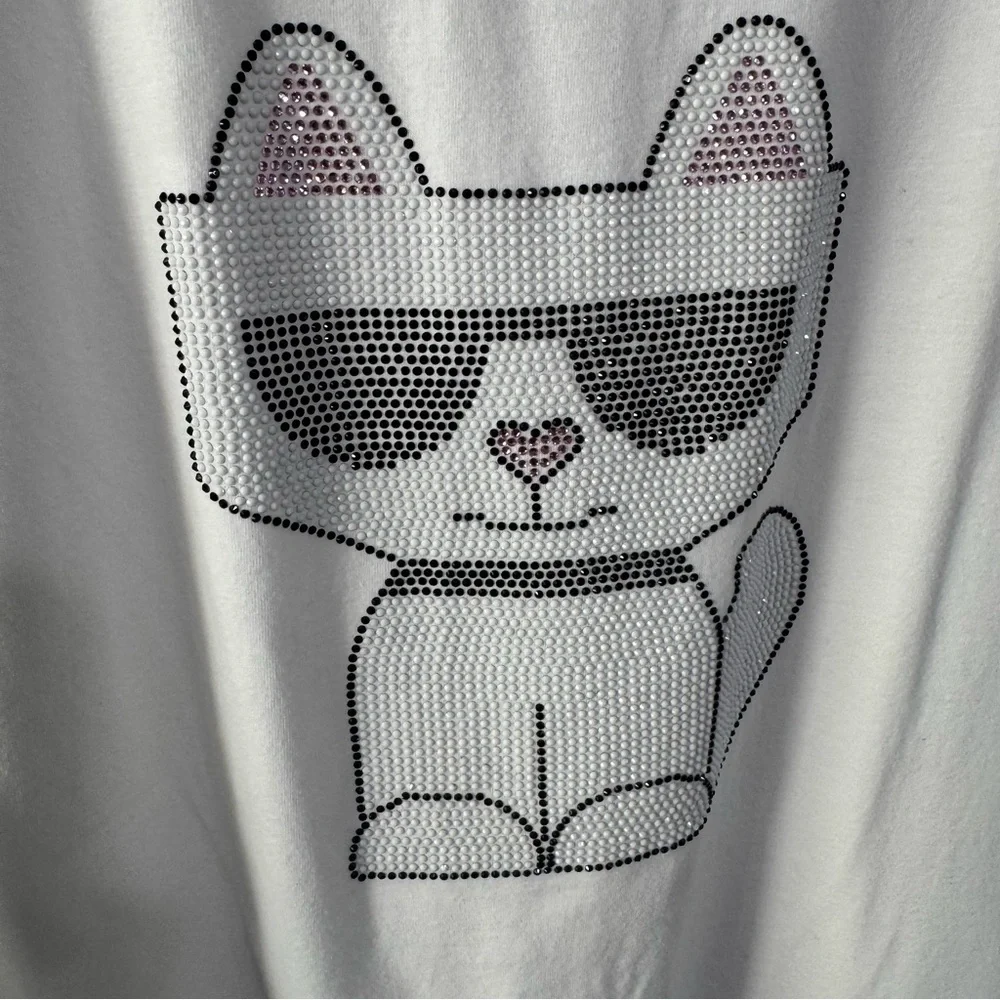 Karl Lagerfeld rhinestone White Cat Tee with Sunglasses large - Picture 3 of 7